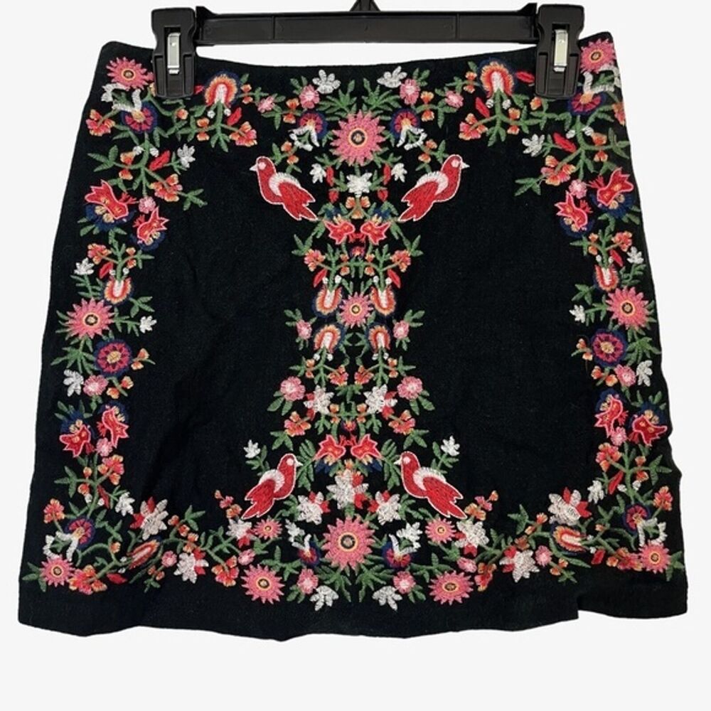 UMGEE USA Black Embroidered Mini Skirt Floral Lined Birds Boho Red Green sz S